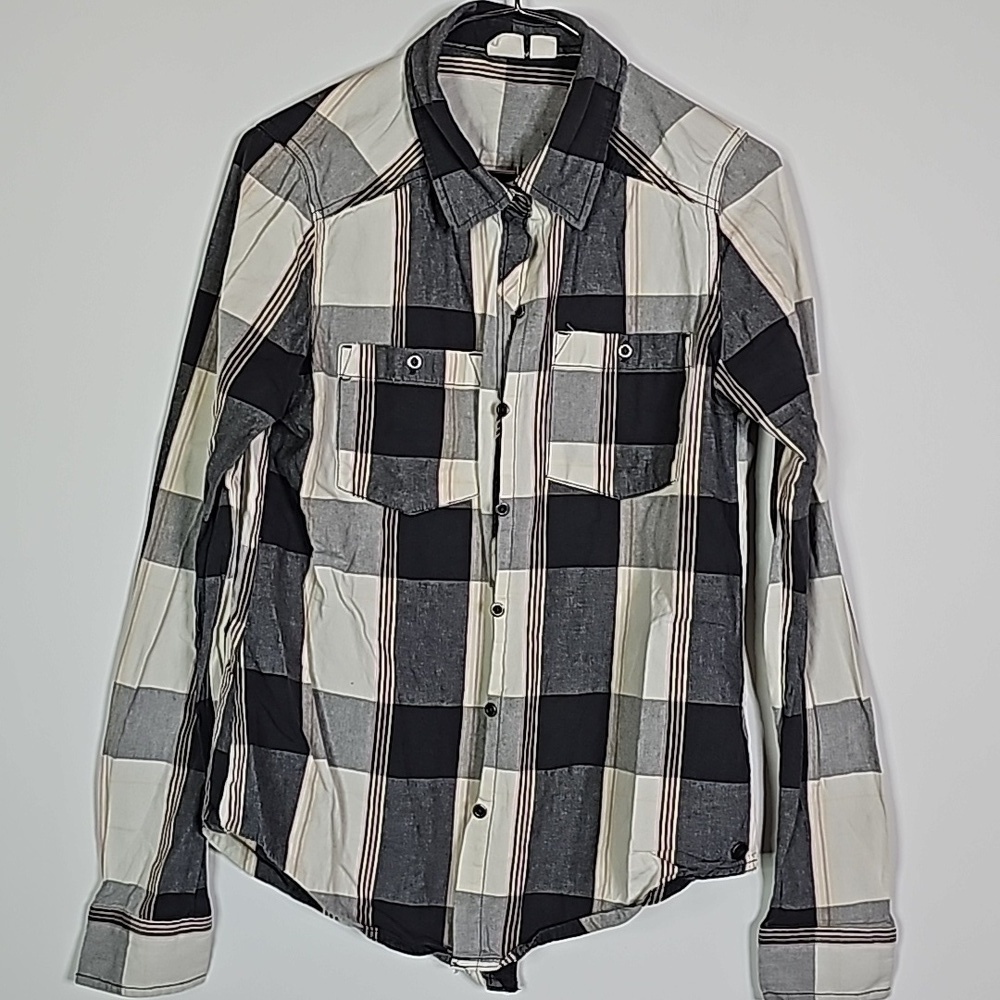 ROXY small gray and cream plaid button down long sleeve shirt
